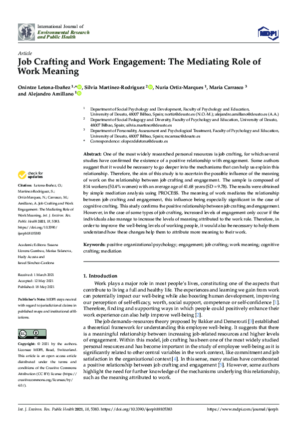 (PDF) Job Crafting and Work Engagement: The Mediating Role of Work Meaning