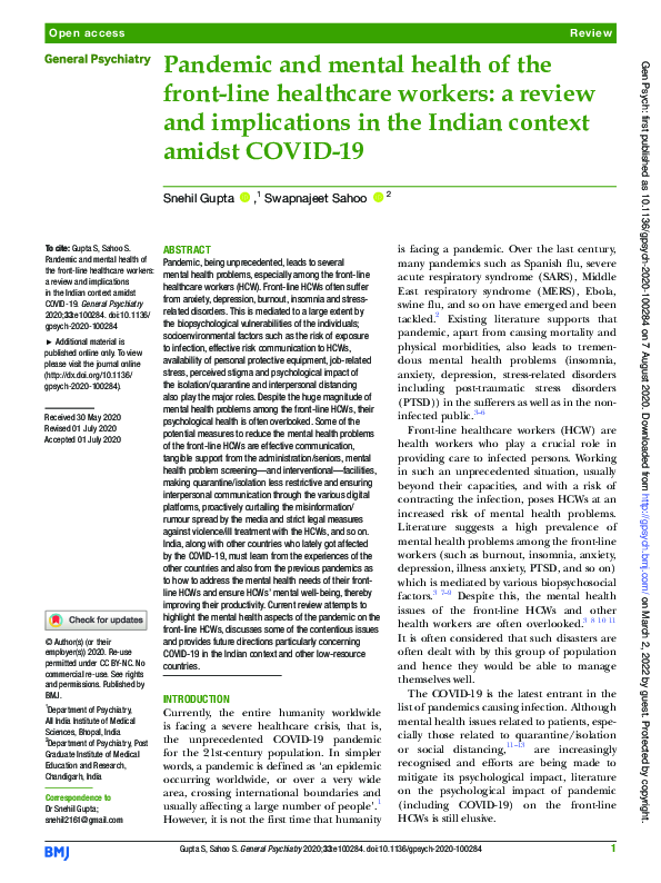(PDF) Pandemic and mental health of the front-line healthcare workers ...