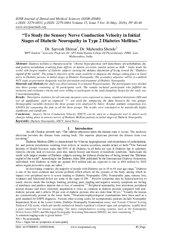 (PDF) “ To Study the Sensory Nerve Conduction Velocity in Initial ...