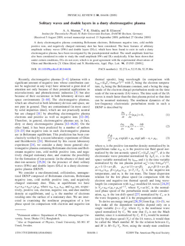 (PDF) Solitary waves and double layers in a dusty electronegative plasma