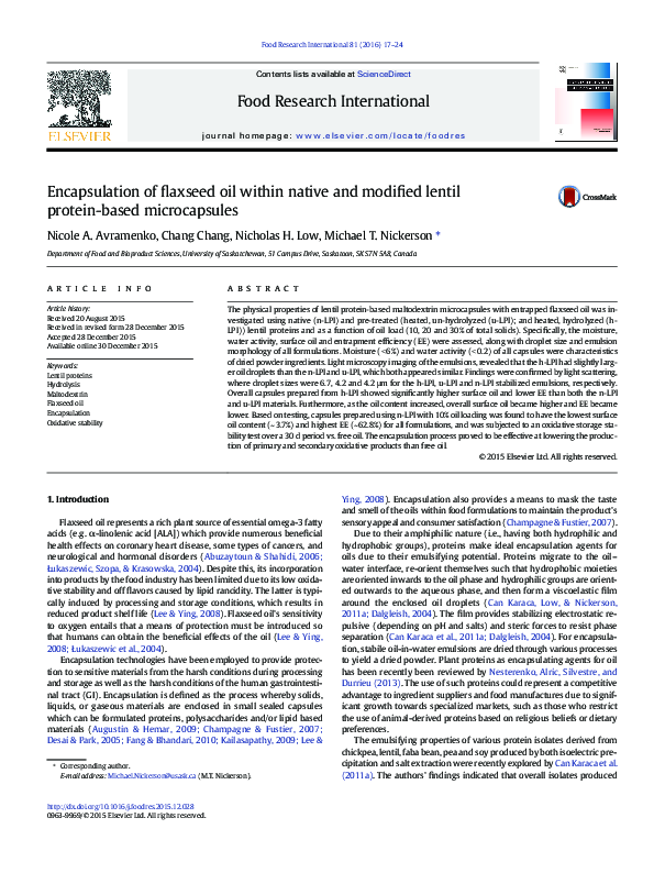 (PDF) Encapsulation of flaxseed oil within native and modified lentil ...