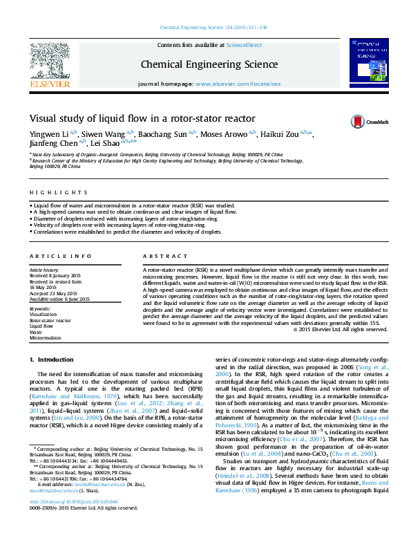 (PDF) Visual study of liquid flow in a rotor-stator reactor