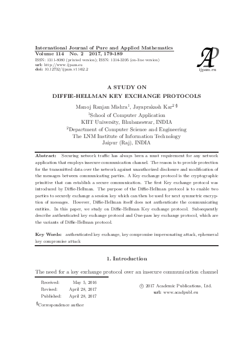 (PDF) A Study on Diffie-Hellman Key Exchange Protocols