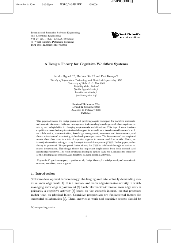 (PDF) A Design Theory for Cognitive Workflow Systems