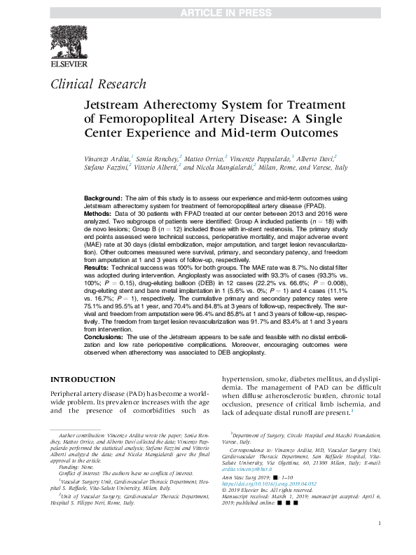 (PDF) Jetstream atherectomy system for treatment of femoropopliteal ...