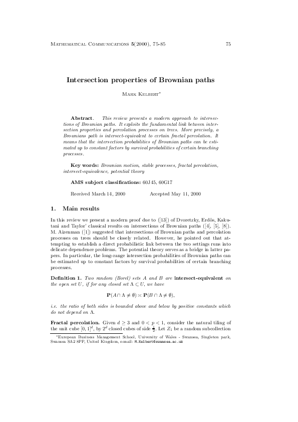 (PDF) Intersection properties of Brownian paths
