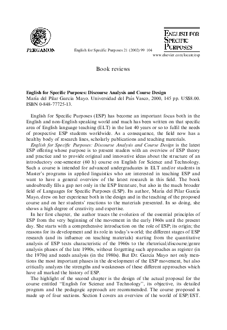 (PDF) English for Specific Purposes: Discourse Analysis and Course Design