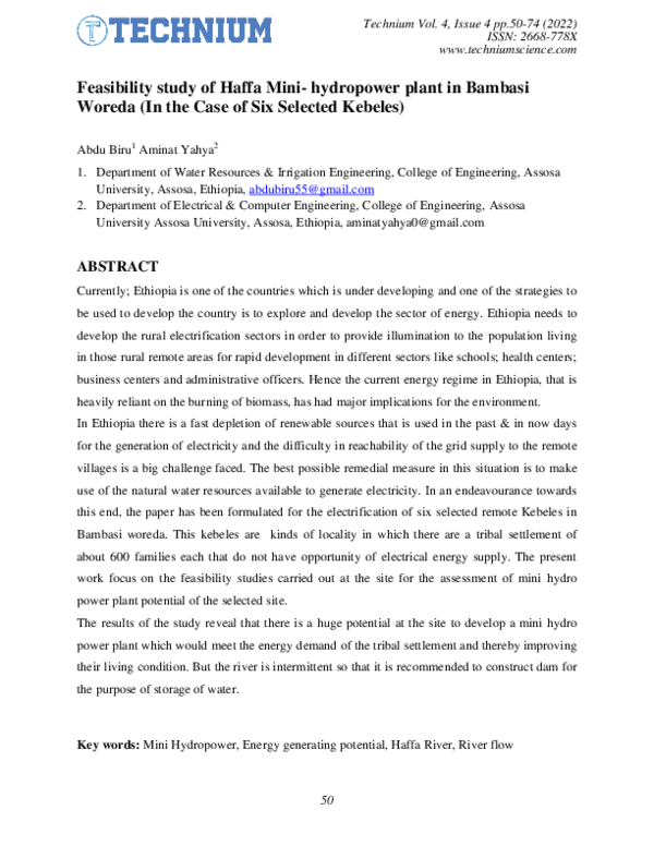 (PDF) Feasibility study of Haffa Mini- hydropower plant in Bambasi Woreda