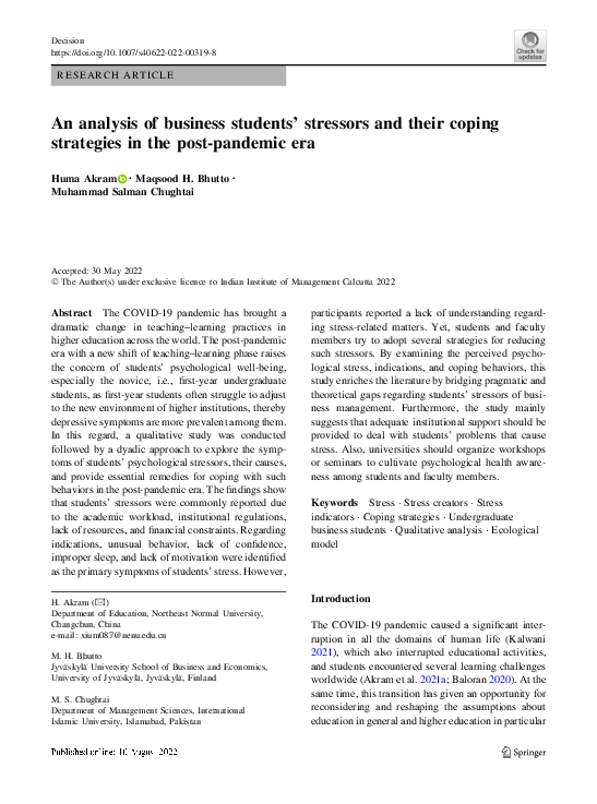 (PDF) An analysis of business students’ stressors and their coping ...
