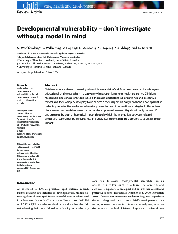 (PDF) Developmental vulnerability - don't investigate without a model ...
