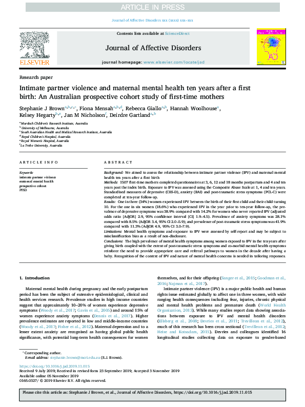 (PDF) Intimate partner violence and maternal mental health ten years ...
