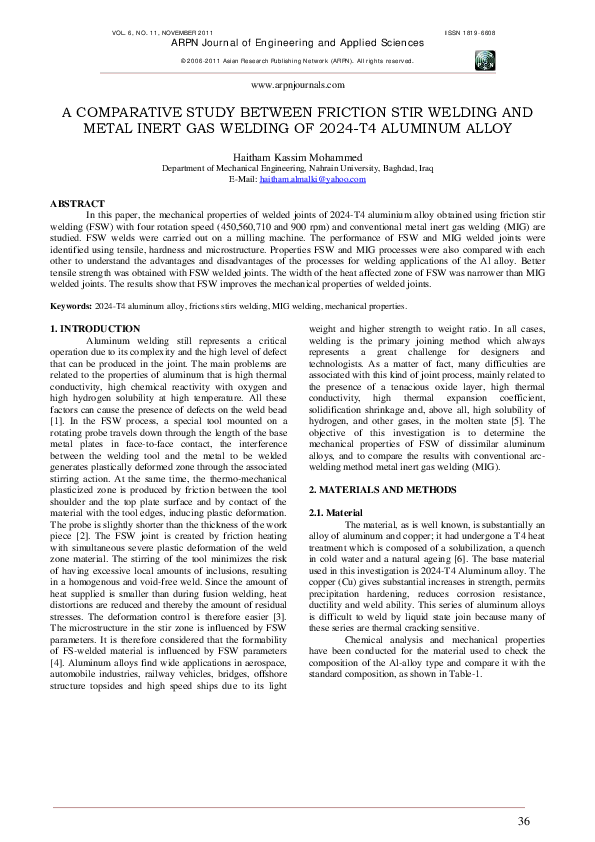 (PDF) A Comparative Study Between Friction Stir Welding and Metal Inert