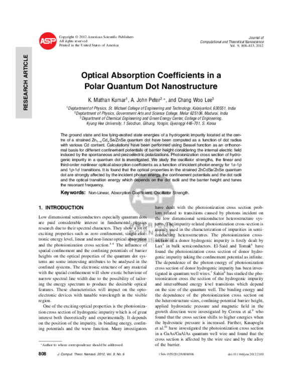 (PDF) Optical Absorption Coefficients in a Polar Quantum Dot Nanostructure