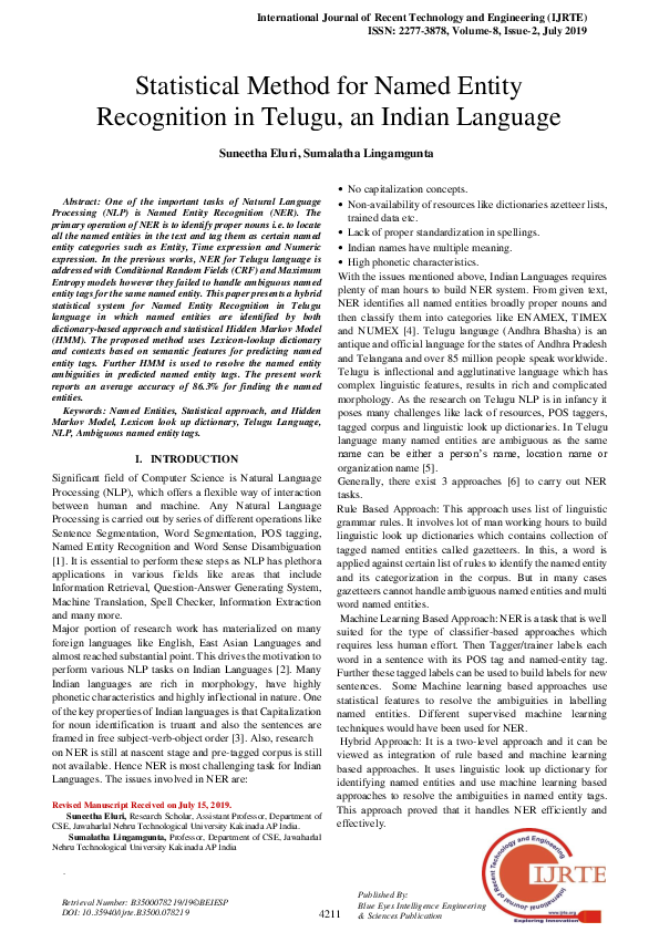 (PDF) Statistical Method for Named Entity Recognition in Telugu, an ...