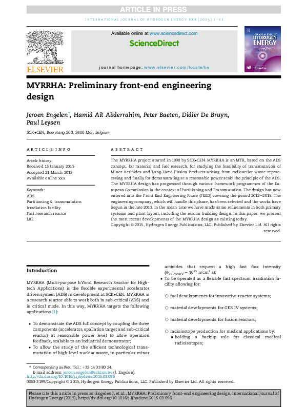 (PDF) MYRRHA: Preliminary front-end engineering design