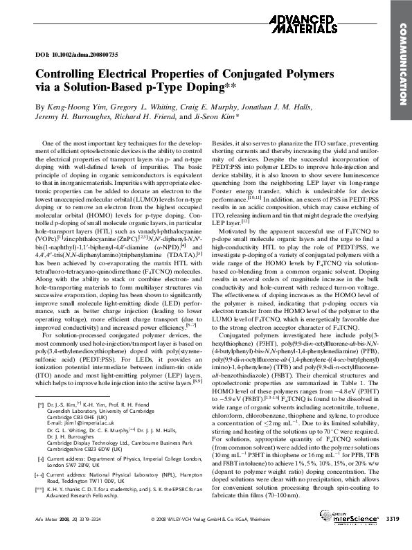 (PDF) Controlling Electrical Properties of Conjugated Polymers via a ...