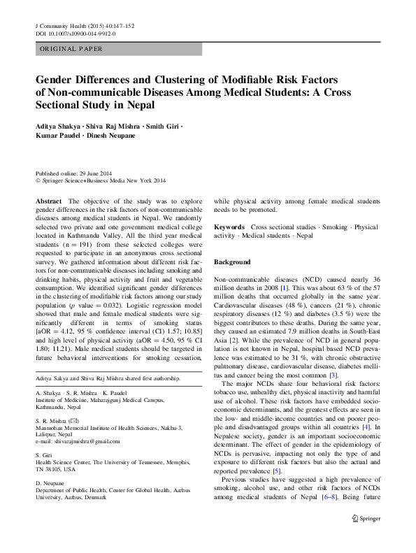 (PDF) Gender Differences and Clustering of Modifiable Risk Factors of ...