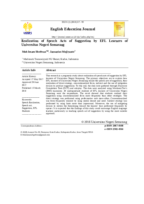 (PDF) Realization of Speech Acts of Suggestion by EFL Learners of ...