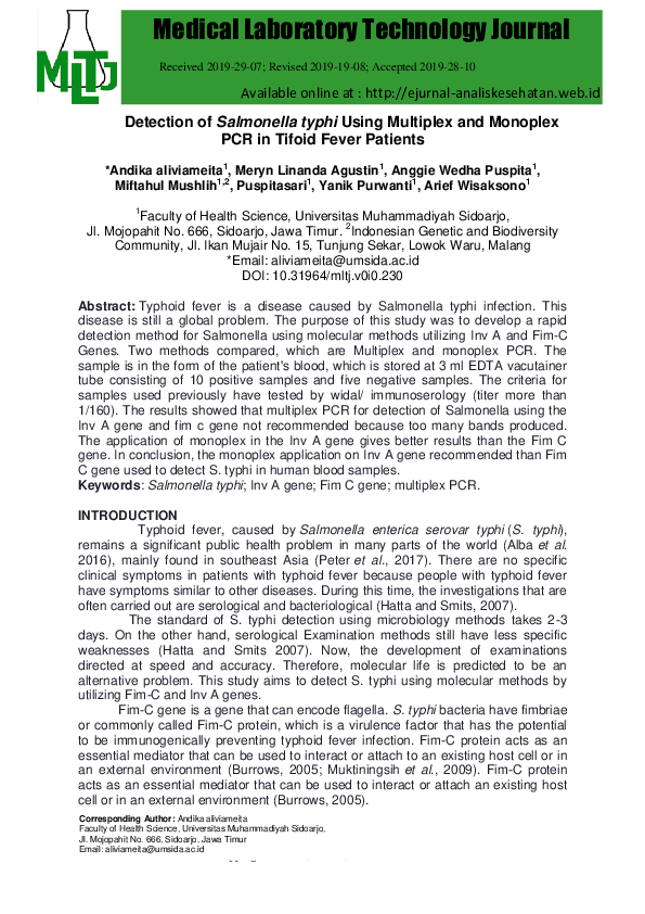 (PDF) Detection of Salmonella typhi Using Multiplex and Monoplex PCR in ...