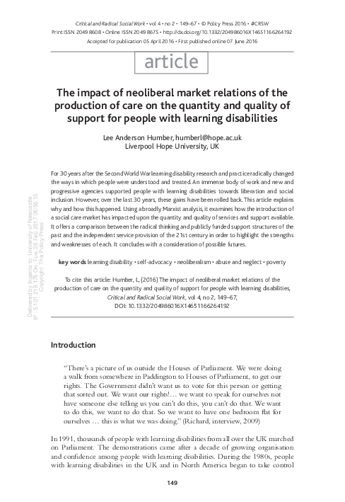 (PDF) The impact of neoliberal market relations of the production of ...