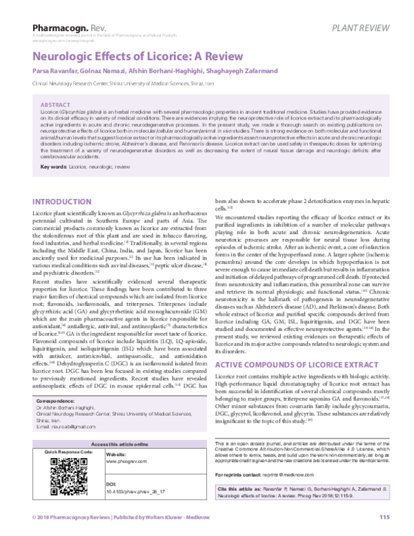 (PDF) Neurologic effects of licorice A review Shaghayegh Zafarmand