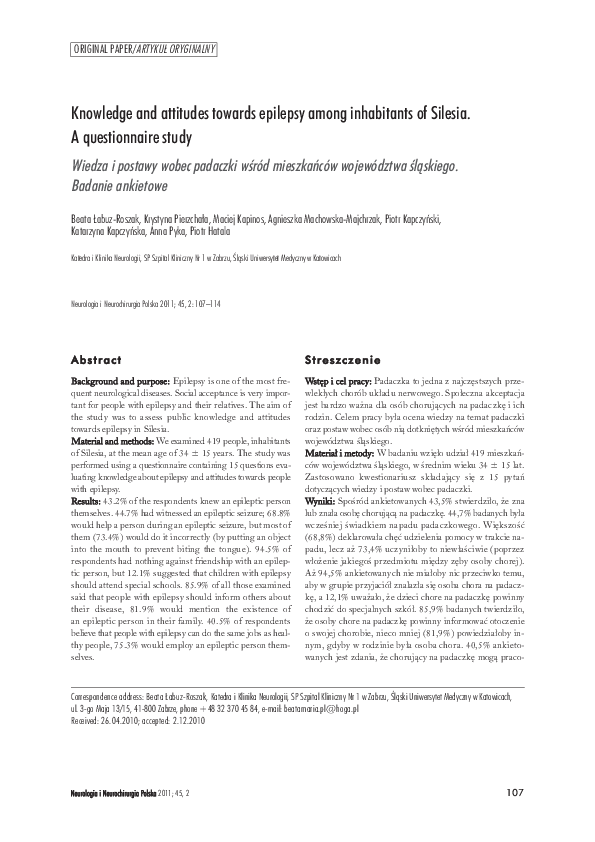 (PDF) Knowledge and attitudes towards epilepsy among inhabitants of ...