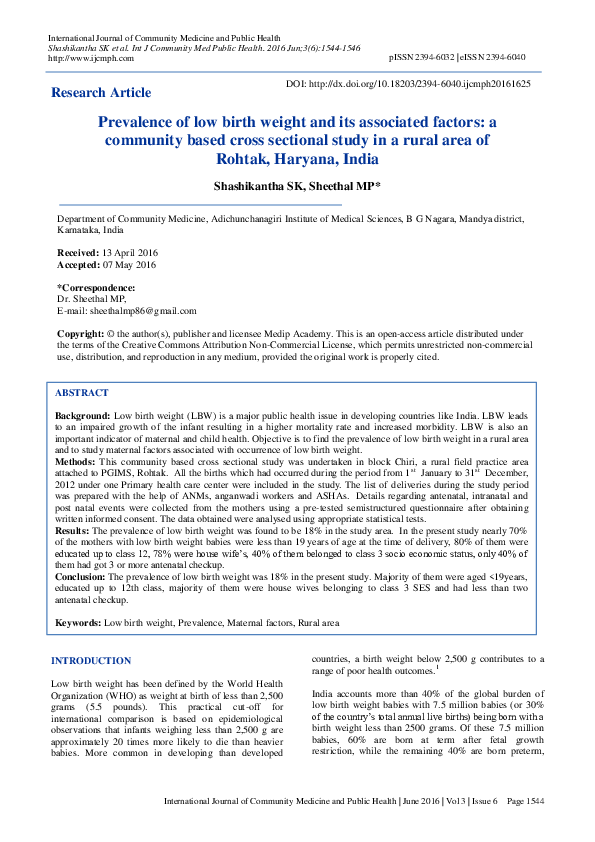 (PDF) Prevalence of low birth weight and its associated factors: a ...