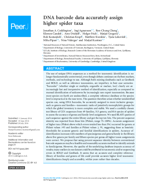 (PDF) DNA barcode data accurately assign higher spider taxa