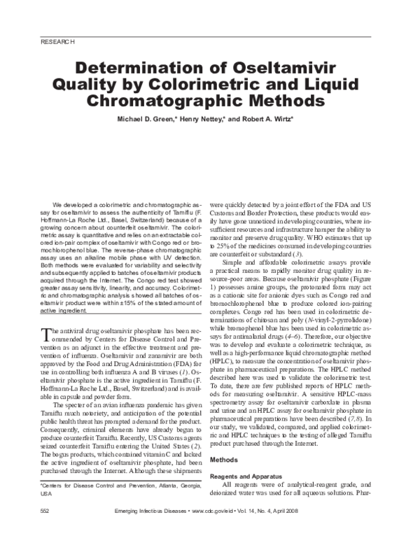 (PDF) Determination of Oseltamivir Quality by Colorimetric and Liquid Chromatographic Methods