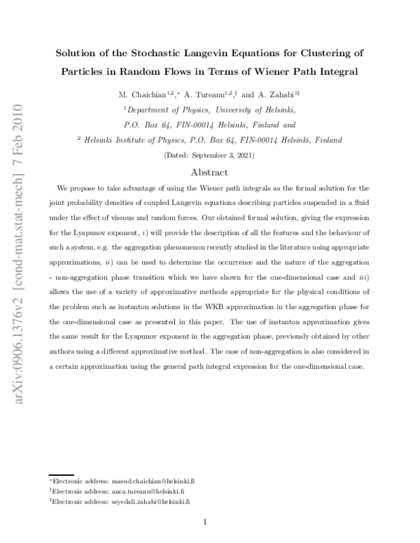 (PDF) Solution of the stochastic Langevin equations for clustering of ...