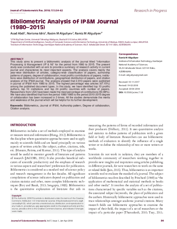 (PDF) Bibliometric Analysis of IP Journal (1980–2015)
