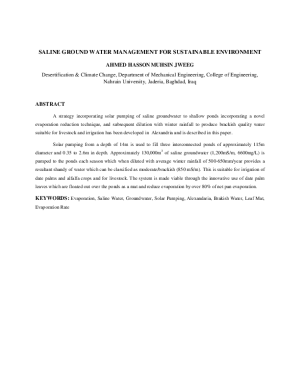 (PDF) Saline Ground Water Management for Sustainable Environment