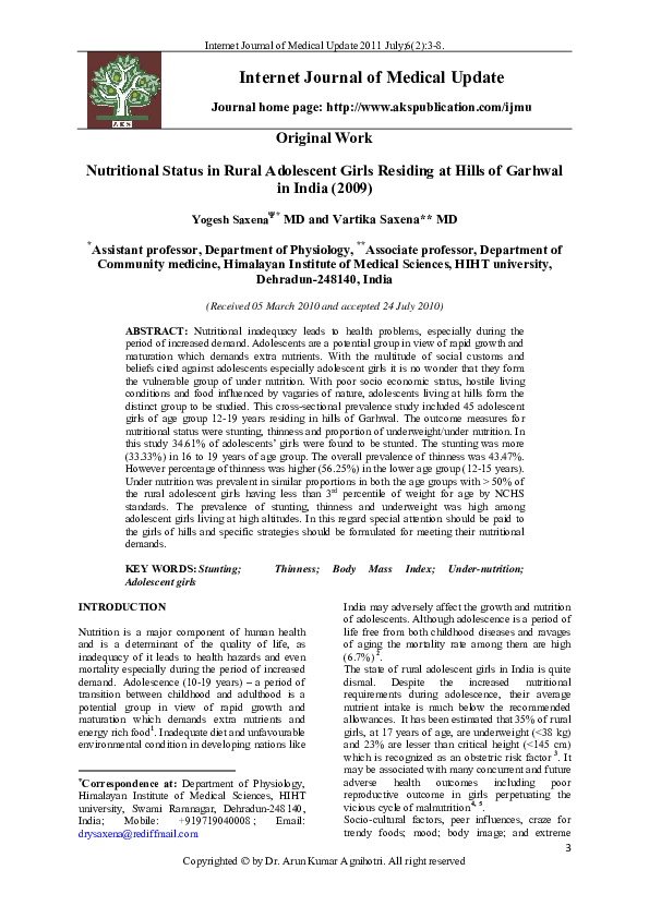 (PDF) Nutritional Status in Rural Adolescent Girls Residing at Hills of ...