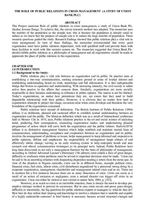 (DOC) THE ROLE OF PUBLIC RELATIONS IN CRISIS MANAGEMENT (A STUDY OF ...