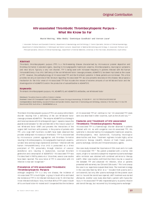 (PDF) HIV-associated Thrombotic Thrombocytopenic Purpura — What We Know ...