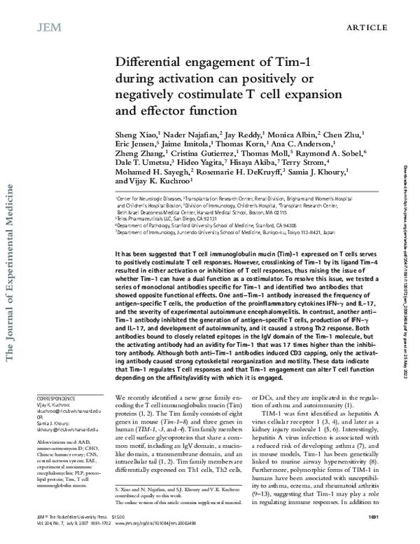(PDF) Differential engagement of Tim-1 during activation can positively ...