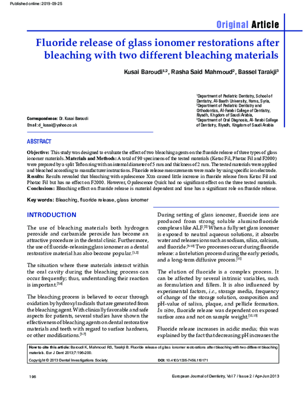 (PDF) Fluoride release of glass ionomer restorations after bleaching