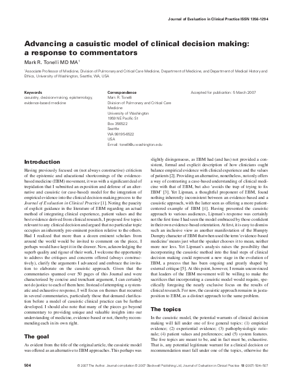 (PDF) Advancing a casuistic model of clinical decision making: a ...