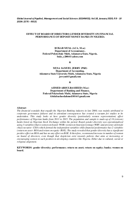 (PDF) Effect of Board of Directors Gender Diversity on Financial ...