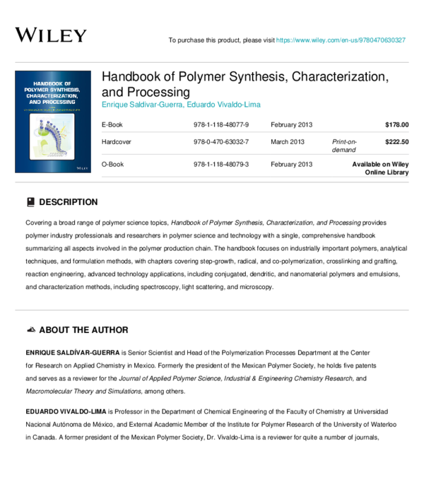 (PDF) Handbook of Polymer Synthesis, Characterization, and Processing