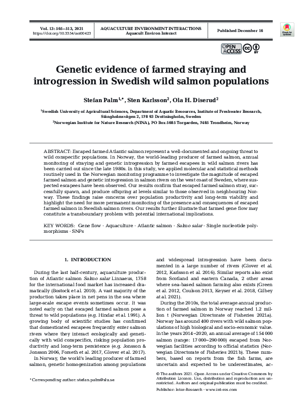 (PDF) Genetic evidence of farmed straying and introgression in Swedish ...