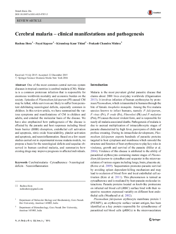 (PDF) Cerebral malaria – clinical manifestations and pathogenesis