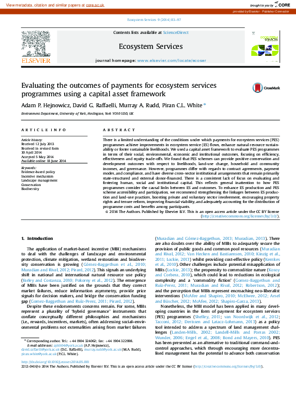 (PDF) Evaluating the outcomes of payments for ecosystem services ...