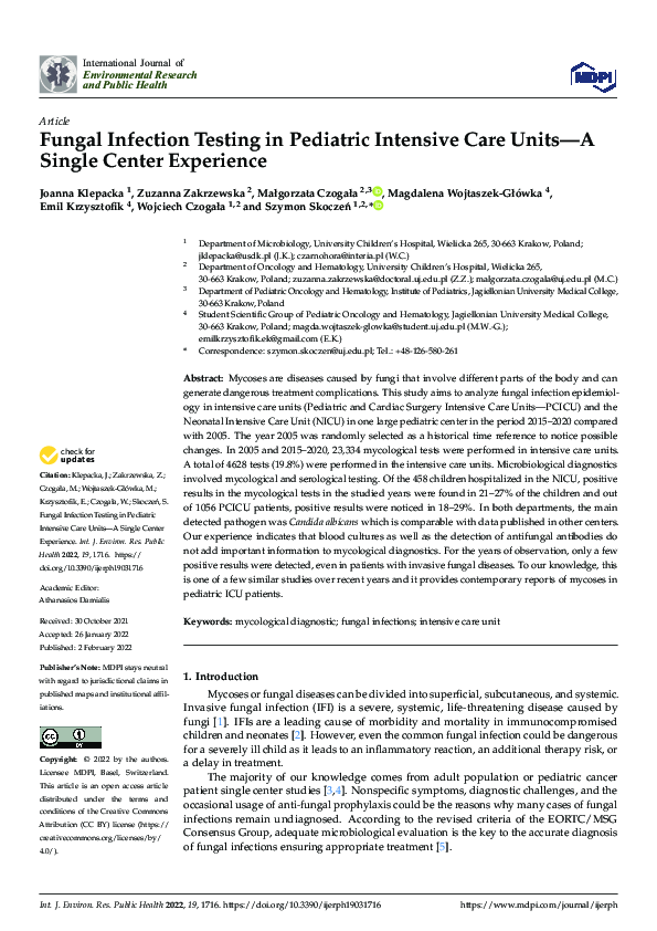 (PDF) Fungal Infection Testing in Pediatric Intensive Care Units—A ...