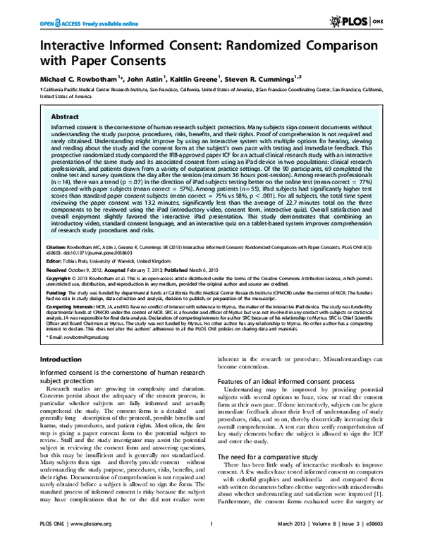 (PDF) Interactive Informed Consent: Randomized Comparison with Paper ...