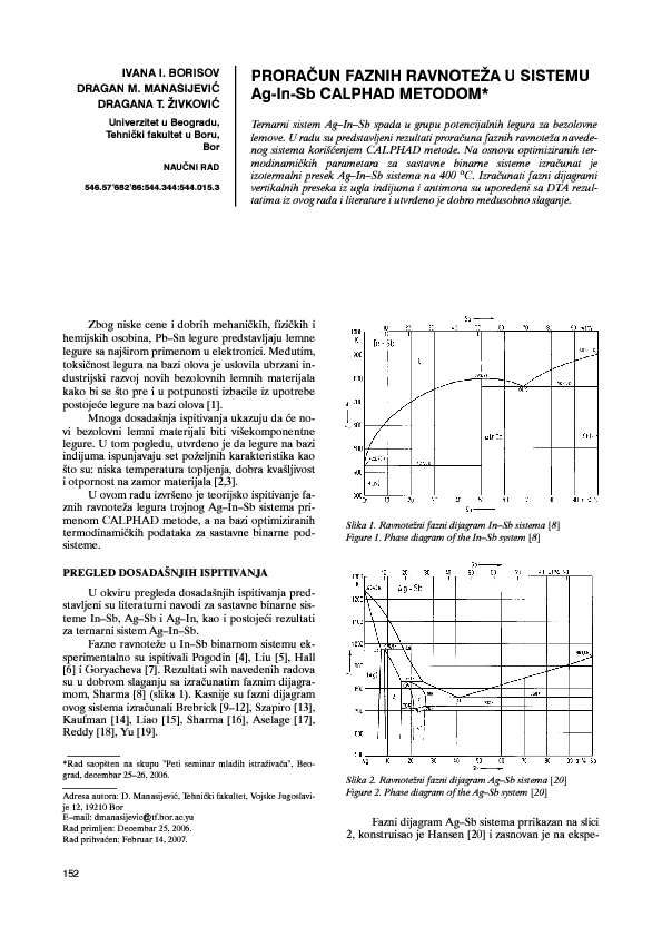 (PDF) Calculation of phase equilibria of the Ag-In-Sb system by the ...