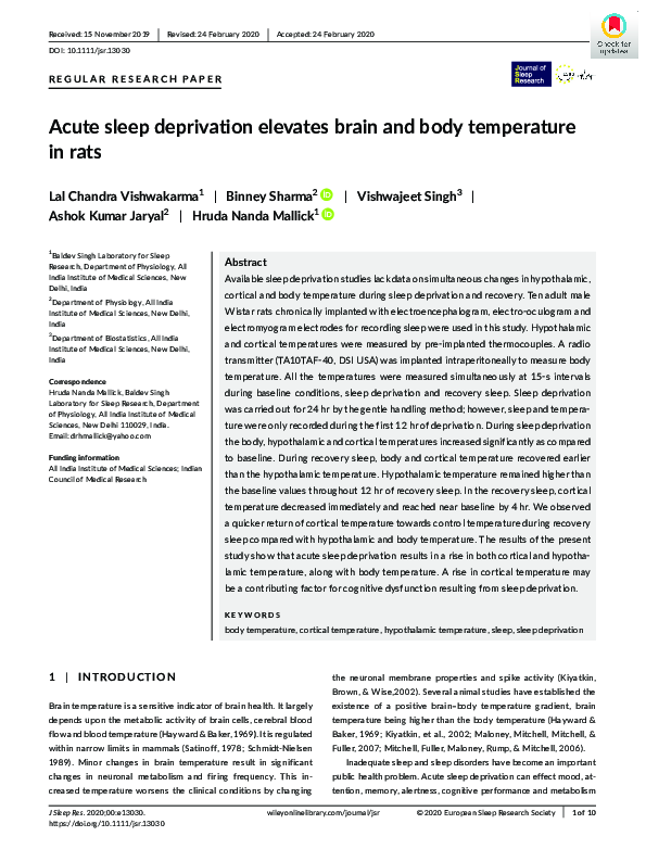 (PDF) Acute sleep deprivation elevates brain and body temperature in rats