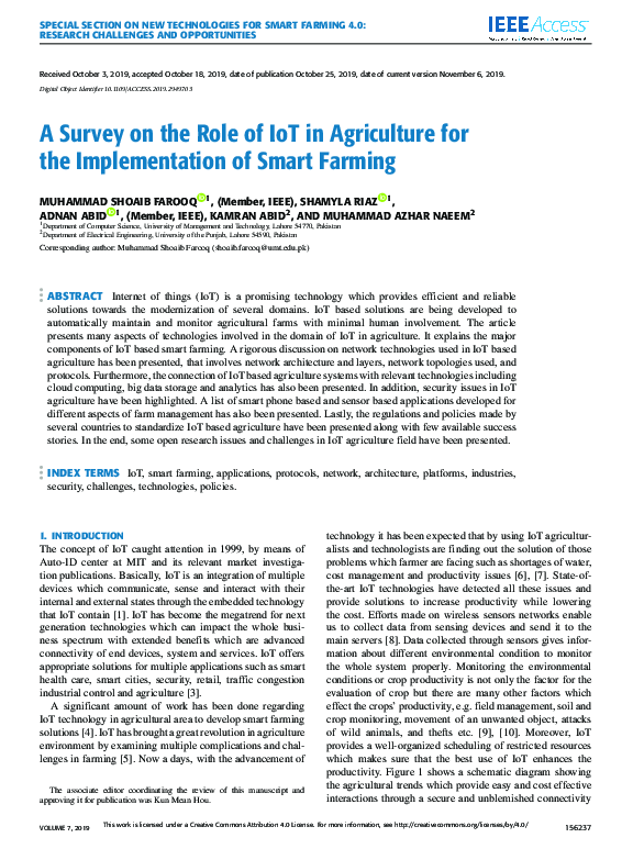 (PDF) A Survey on the Role of IoT in Agriculture for the Implementation ...