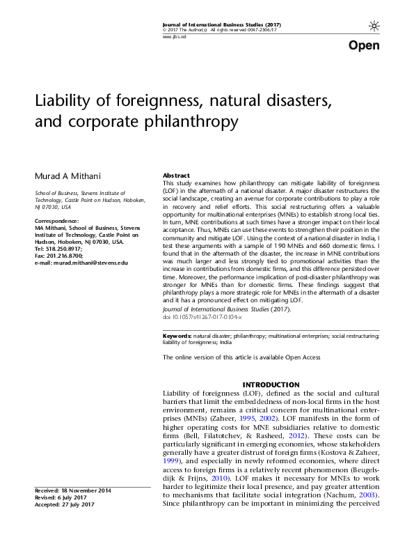 (PDF) Liability of foreignness, natural disasters, and corporate ...
