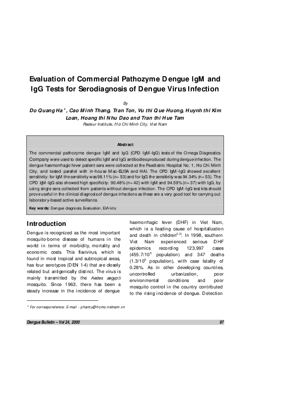(PDF) Evaluation of commercial pathozyme dengue IgM and IgG tests for ...